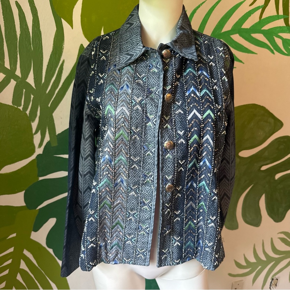 Coldwater Creek Blue & Green Patterned Button-Front Jean Jacket